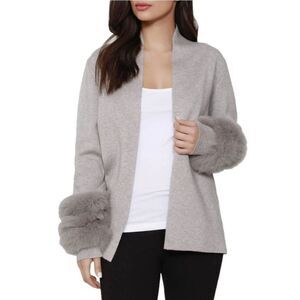 DOLCE CABO Faux Fur Cuff Open Front Cardigan In Heather Grey Size XL